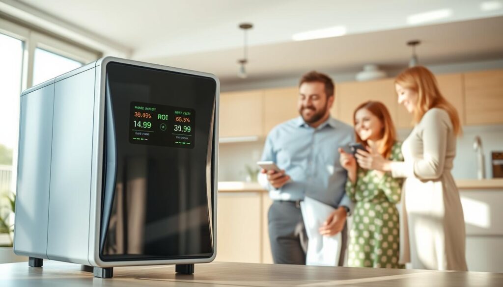 An informative and visually engaging scene depicting a home battery cost-benefit analysis in a modern living space. In the foreground, a sleek, contemporary home battery unit, with digital screens displaying metrics like energy savings and ROI (return on investment). In the middle ground, a professional individual in business attire discusses data with an engaged family, showing smiles and nods, emphasizing the benefits of home energy storage. The background features a bright, airy kitchen with sunlight streaming through large windows, showcasing a sustainable lifestyle. Use soft, natural lighting to create a warm atmosphere. The camera angle should be slightly elevated to capture the home battery and the interaction, focusing on the expressions and environment, promoting a sense of hopefulness and empowerment in sustainable living. An informative and visually engaging scene depicting a home battery cost-benefit analysis in a modern living space. In the foreground, a sleek, contemporary home battery unit, with digital screens displaying metrics like energy savings and ROI (return on investment). In the middle ground, a professional individual in business attire discusses data with an engaged family, showing smiles and nods, emphasizing the benefits of home energy storage. The background features a bright, airy kitchen with sunlight streaming through large windows, showcasing a sustainable lifestyle. Use soft, natural lighting to create a warm atmosphere. The camera angle should be slightly elevated to capture the home battery and the interaction, focusing on the expressions and environment, promoting a sense of hopefulness and empowerment in sustainable living.