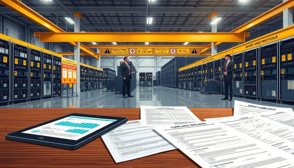 A detailed illustration depicting battery storage compliance standards in an industrial setting. In the foreground, a neatly organized table with various compliance documents, checklists, and safety regulations, complemented by a digital tablet showing data analytics. The middle ground features a large, modern warehouse filled with neatly arranged battery storage units, showcasing different types of batteries (lithium-ion, lead-acid) with clear labels. The background reveals safety signage emphasizing protocols, with professionals in business attire discussing compliance measures. The lighting is bright, enhancing a sense of accountability and safety, with a slightly elevated camera angle to capture the expansive layout. The atmosphere is serious yet focused, underscoring the importance of compliance in energy storage safety management.