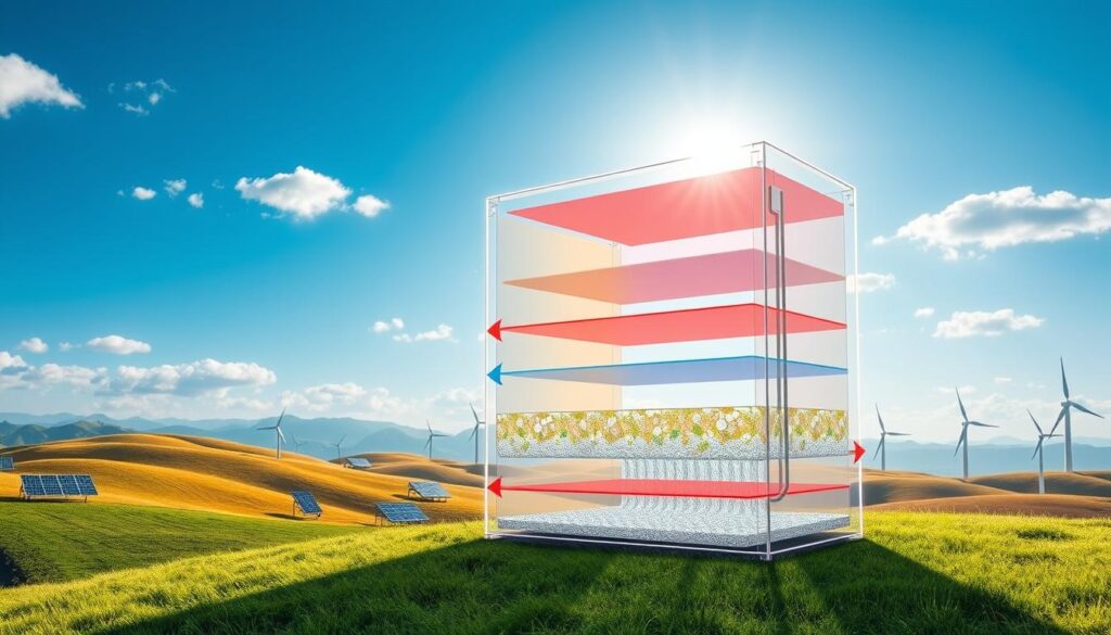 A detailed, informative illustration of a "heat batteries seasonal shifting diagram." In the foreground, show a large, transparent heat battery with distinct layers colored to represent different thermal states. Include animated arrows indicating the flow of thermal energy throughout the battery for both seasonal and daily shifts. In the middle ground, depict seasonal changes with a gradient background transitioning from summer to winter, symbolizing variations in energy storage and demand. The background features a stylized landscape with rolling hills, solar panels, and wind turbines, set under a bright blue sky with the sun and clouds. Use natural lighting to highlight the battery's features, and integrate a slightly technical angle, as if viewed through an engineering lens. The overall mood is innovative and sustainable, reflecting the importance of thermal energy storage.
