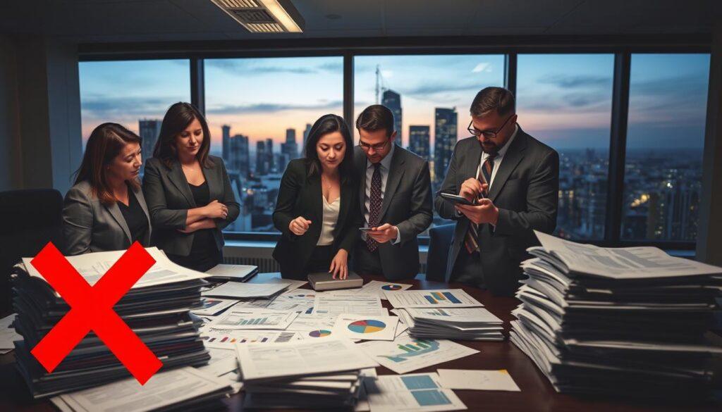 A dimly lit office scene featuring a diverse group of professionals in business attire gathered around a large table strewn with financial documents and charts. In the foreground, a red "X" symbol overlays a stack of confused spreadsheets to symbolize financing mistakes. In the middle ground, a focused woman points to a pie chart, while a man frowns at a calculator, illustrating the stress of miscalculations. The background features a window showing an urban skyline at dusk, hinting at opportunity and urgency. Soft overhead lighting casts shadows and creates a tense but hopeful atmosphere, highlighting the importance of understanding energy project financing. The image conveys a sense of professionalism, caution, and the need for informed decision-making. A dimly lit office scene featuring a diverse group of professionals in business attire gathered around a large table strewn with financial documents and charts. In the foreground, a red "X" symbol overlays a stack of confused spreadsheets to symbolize financing mistakes. In the middle ground, a focused woman points to a pie chart, while a man frowns at a calculator, illustrating the stress of miscalculations. The background features a window showing an urban skyline at dusk, hinting at opportunity and urgency. Soft overhead lighting casts shadows and creates a tense but hopeful atmosphere, highlighting the importance of understanding energy project financing. The image conveys a sense of professionalism, caution, and the need for informed decision-making.