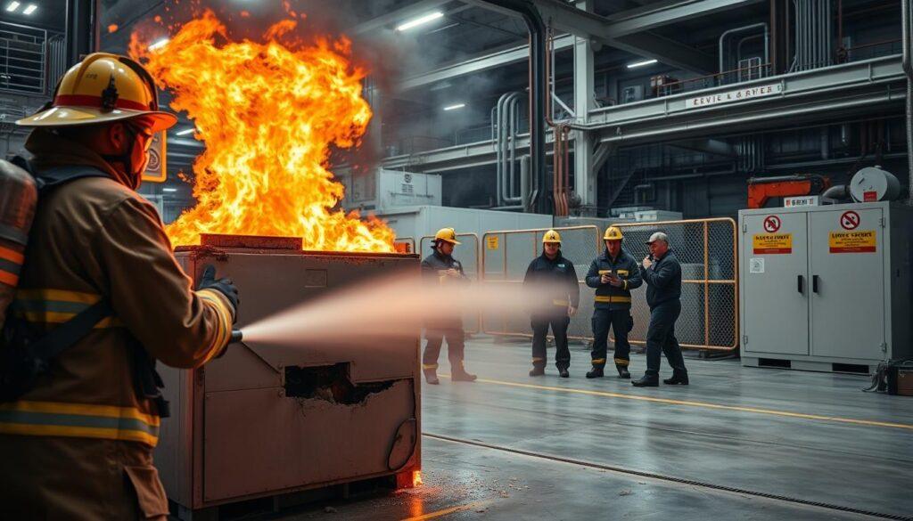 A dynamic scene depicting a battery fire emergency response in an industrial setting. In the foreground, a firefighter in professional gear and protective helmet is actively extinguishing flames erupting from a large, damaged battery unit, with vibrant orange and red flames contrasting against the cool metallic surface of the battery. In the middle ground, a team of emergency responders, dressed in professional attire, is coordinating the emergency, with one person using a radio to communicate. The background features a manufacturing facility with safety barriers and warning signs. Harsh, industrial lighting illuminates the scene, highlighting the urgency of the moment. The image conveys a tense but controlled atmosphere, emphasizing the importance of safety and preparedness in modern energy storage.