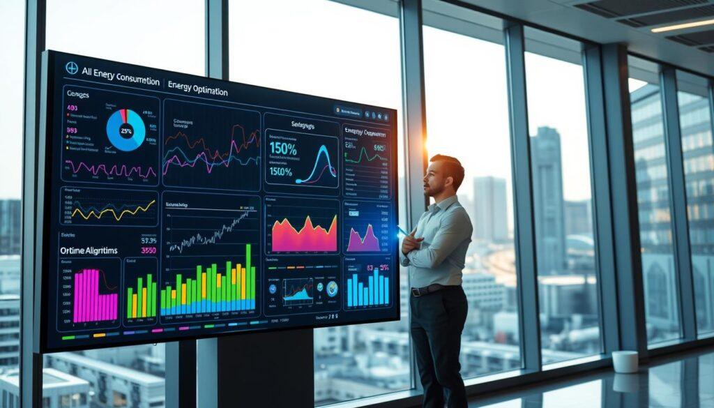 A futuristic AI real-time energy optimization dashboard set in a sleek, modern office environment. In the foreground, a large digital screen displays dynamic graphs and metrics, showcasing energy consumption data and optimization algorithms in vibrant colors. In the middle, a professional individual, dressed in business attire, is interacting with the dashboard using a touchscreen interface, analyzing the insights with focused attention. The background features large windows overlooking a smart city, illuminated by soft daylight, which enhances the innovative atmosphere. The lighting is bright but balanced, giving a sense of clarity and sophistication. Capture a sense of efficiency and advanced technology in the workspace, emphasizing the integration of AI and IoT for energy management. A futuristic AI real-time energy optimization dashboard set in a sleek, modern office environment. In the foreground, a large digital screen displays dynamic graphs and metrics, showcasing energy consumption data and optimization algorithms in vibrant colors. In the middle, a professional individual, dressed in business attire, is interacting with the dashboard using a touchscreen interface, analyzing the insights with focused attention. The background features large windows overlooking a smart city, illuminated by soft daylight, which enhances the innovative atmosphere. The lighting is bright but balanced, giving a sense of clarity and sophistication. Capture a sense of efficiency and advanced technology in the workspace, emphasizing the integration of AI and IoT for energy management.