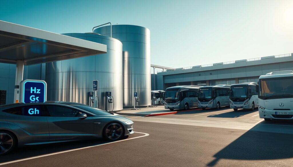 A futuristic hydrogen storage facility within the transportation industry. In the foreground, sleek hydrogen fuel cell vehicles are being refueled at a modern station, with glowing blue hydrogen indicators. The middle ground shows a large cylindrical hydrogen storage tank, reflecting sunlight, integrated into the sleek architecture of a transport hub. In the background, electric-powered buses and delivery trucks are lined up, symbolizing the shift towards clean energy. The scene is bathed in bright, natural daylight, creating an optimistic atmosphere. A wide-angle view captures the entirety of the facility with an emphasis on clean lines and innovative technology. Soft shadows enhance the three-dimensional depth, while a clear blue sky amplifies the sense of a sustainable future.