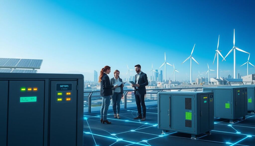 A futuristic representation of distributed storage technologies in an energy context. In the foreground, show sleek, modular energy storage units with glowing indicators, interconnected through a web of luminous data lines. In the middle ground, visualize a diverse group of professionals in business attire, discussing and analyzing energy data on digital tablets, surrounded by interactive displays showing real-time energy distribution metrics. The background should feature a modern cityscape with solar panels on rooftops and wind turbines generating clean energy, under a clear blue sky. Use soft, bright lighting to create an optimistic and innovative atmosphere, captured from a slightly elevated angle to emphasize the interconnectedness of the technologies. A futuristic representation of distributed storage technologies in an energy context. In the foreground, show sleek, modular energy storage units with glowing indicators, interconnected through a web of luminous data lines. In the middle ground, visualize a diverse group of professionals in business attire, discussing and analyzing energy data on digital tablets, surrounded by interactive displays showing real-time energy distribution metrics. The background should feature a modern cityscape with solar panels on rooftops and wind turbines generating clean energy, under a clear blue sky. Use soft, bright lighting to create an optimistic and innovative atmosphere, captured from a slightly elevated angle to emphasize the interconnectedness of the technologies.