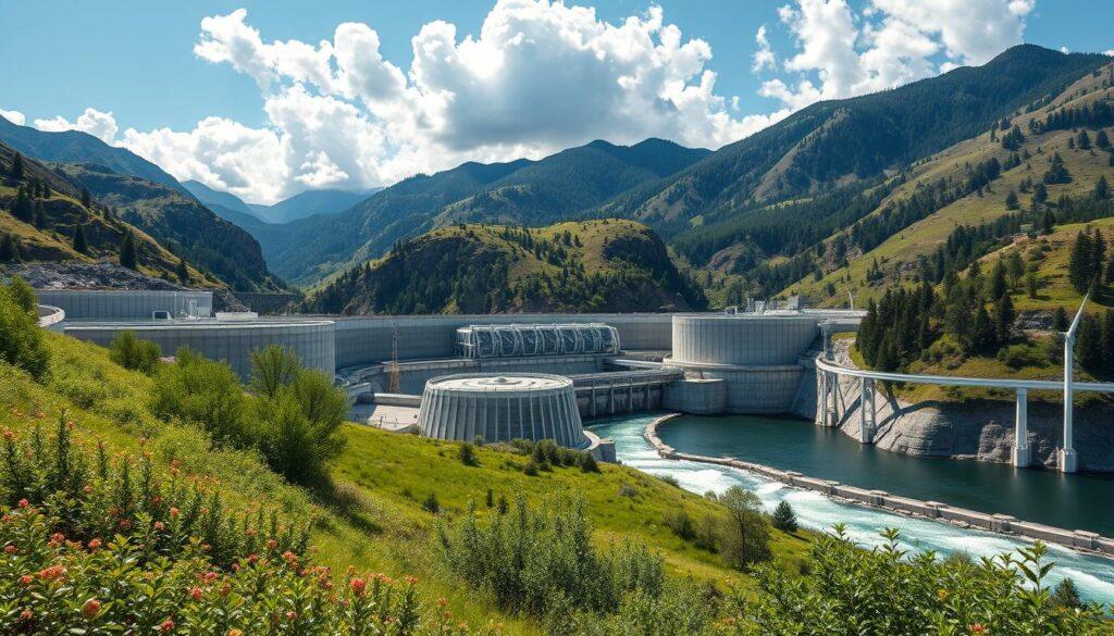 A modern hydroelectric pumped storage plant nestled in majestic mountains, showcasing sleek, advanced turbines and large, expansive reservoirs. In the foreground, a vibrant green landscape dotted with native flora leads to the facility, featuring state-of-the-art energy infrastructure glinting under the sun. The middle ground showcases the dynamic movement of water flowing between upper and lower reservoirs, reflecting the sky. In the background, towering mountains romanticize the setting, partially covered in lush trees and with dramatic clouds framing the scene. The image captures a bright, optimistic atmosphere, emphasizing renewable energy's transformative power. The shot is taken from a slightly elevated angle, providing a comprehensive view of the plant's integration into its natural surroundings, all under clear blue skies. A modern hydroelectric pumped storage plant nestled in majestic mountains, showcasing sleek, advanced turbines and large, expansive reservoirs. In the foreground, a vibrant green landscape dotted with native flora leads to the facility, featuring state-of-the-art energy infrastructure glinting under the sun. The middle ground showcases the dynamic movement of water flowing between upper and lower reservoirs, reflecting the sky. In the background, towering mountains romanticize the setting, partially covered in lush trees and with dramatic clouds framing the scene. The image captures a bright, optimistic atmosphere, emphasizing renewable energy's transformative power. The shot is taken from a slightly elevated angle, providing a comprehensive view of the plant's integration into its natural surroundings, all under clear blue skies.