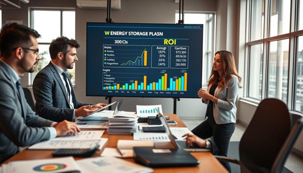 A modern office setting showcasing business case ROI calculations on a large digital screen. In the foreground, a diverse group of three professionals—two men and one woman—dressed in smart business attire, intensely discussing financial graphs and data points. The middle ground features tables cluttered with financial reports, calculators, and laptops, with vibrant charts illustrating growth metrics and ROI percentages. In the background, large windows let in natural light, casting a warm glow that gives a professional yet welcoming atmosphere. Use a shallow depth of field to focus on the engaged team while softly blurring the office space behind. The overall mood should be dynamic and focused, emphasizing collaboration and analytical thinking in the energy storage sector. A modern office setting showcasing business case ROI calculations on a large digital screen. In the foreground, a diverse group of three professionals—two men and one woman—dressed in smart business attire, intensely discussing financial graphs and data points. The middle ground features tables cluttered with financial reports, calculators, and laptops, with vibrant charts illustrating growth metrics and ROI percentages. In the background, large windows let in natural light, casting a warm glow that gives a professional yet welcoming atmosphere. Use a shallow depth of field to focus on the engaged team while softly blurring the office space behind. The overall mood should be dynamic and focused, emphasizing collaboration and analytical thinking in the energy storage sector.