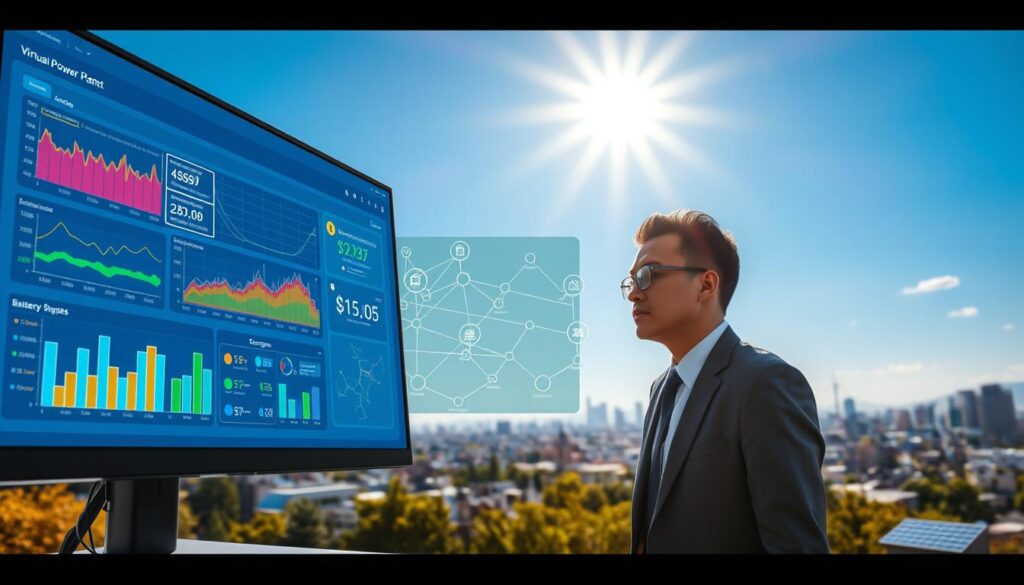 A modern virtual power plant (VPP) software platform displayed on a sleek computer screen, showcasing a user interface with vibrant graphs, energy flows, and digital maps of distributed energy assets like solar panels and battery storage systems. In the foreground, a professional in business attire is analyzing data, with a focused expression. The middle ground highlights diverse energy assets connected by digital lines, symbolizing connectivity and efficiency. In the background, a futuristic cityscape under a bright blue sky, with renewable energy sources integrated seamlessly. Soft, natural lighting enhances the scene, conveying an atmosphere of innovation and collaboration. The angle is slightly elevated, providing a panoramic view that emphasizes the scale and importance of decentralized energy management. A modern virtual power plant (VPP) software platform displayed on a sleek computer screen, showcasing a user interface with vibrant graphs, energy flows, and digital maps of distributed energy assets like solar panels and battery storage systems. In the foreground, a professional in business attire is analyzing data, with a focused expression. The middle ground highlights diverse energy assets connected by digital lines, symbolizing connectivity and efficiency. In the background, a futuristic cityscape under a bright blue sky, with renewable energy sources integrated seamlessly. Soft, natural lighting enhances the scene, conveying an atmosphere of innovation and collaboration. The angle is slightly elevated, providing a panoramic view that emphasizes the scale and importance of decentralized energy management.