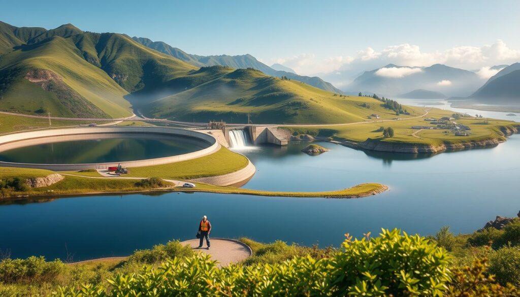 A serene landscape depicting a pumped hydro storage facility, with large reservoirs nestled in green hills. In the foreground, a crystal-clear lake reflects the sky, while workers in professional attire assess the site, symbolizing responsible development. In the middle ground, a dam structure with water cascading down, surrounded by vibrant flora, illustrates the interaction of technology and nature. The background features distant mountains, enveloped in morning mist, conveying the beauty of the environment. Soft, warm sunlight filters through the scene, creating a hopeful and sustainable atmosphere. The image captures both the innovative power of renewable energy and its impact on the landscape, without any text or watermarks. A serene landscape depicting a pumped hydro storage facility, with large reservoirs nestled in green hills. In the foreground, a crystal-clear lake reflects the sky, while workers in professional attire assess the site, symbolizing responsible development. In the middle ground, a dam structure with water cascading down, surrounded by vibrant flora, illustrates the interaction of technology and nature. The background features distant mountains, enveloped in morning mist, conveying the beauty of the environment. Soft, warm sunlight filters through the scene, creating a hopeful and sustainable atmosphere. The image captures both the innovative power of renewable energy and its impact on the landscape, without any text or watermarks.