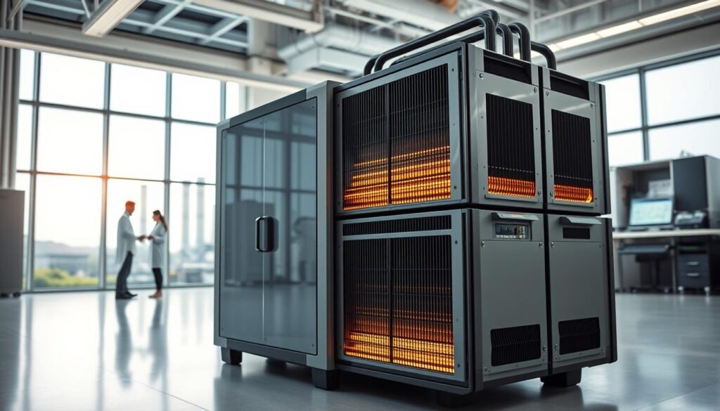 A sleek and innovative modern heat battery system, prominently displayed in the foreground, featuring stacked thermal storage units with a futuristic design. The middle ground reveals a research lab environment with scientists in professional attire, analyzing data on digital screens. The background showcases large windows letting in natural light, with a view of a sustainable energy plant. The lighting is bright and clean, emphasizing a sense of optimism and forward-thinking technology. The angle is slightly elevated, giving a comprehensive perspective of the technology in use. The overall mood is one of progress and sustainability, symbolizing a revolution in thermal energy storage solutions.