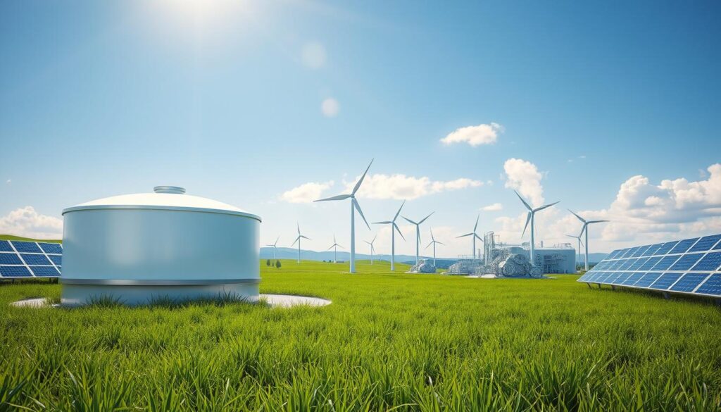 A vibrant, futuristic landscape showcasing an integrated green hydrogen production and storage facility. In the foreground, a sleek, modern hydrogen storage tank gleams under bright, natural sunlight, surrounded by lush green grass and solar panels reflecting the sunlight. In the middle ground, wind turbines spin gracefully, symbolizing renewable energy sources, while an innovative electrolyzer converts water into hydrogen, emitting soft vapor. The background features a clear blue sky with a few fluffy clouds, emphasizing the clean and sustainable atmosphere. Use a wide-angle lens to capture the expansive scene, filled with vivid greens and blues, creating a hopeful and forward-looking mood, illustrating the harmonious relationship between nature and technology in the context of energy innovation.