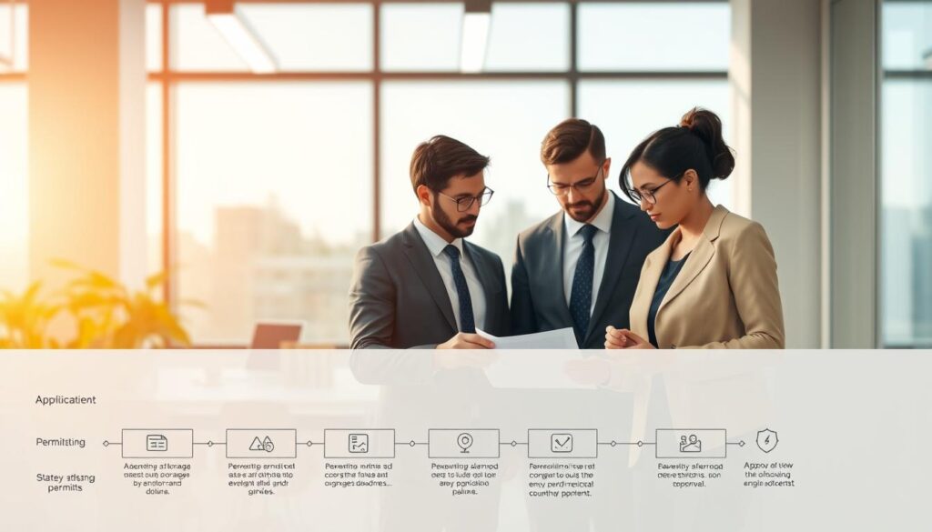 A conceptual illustration of the battery storage permits process, featuring a detailed flowchart in the foreground, showing steps like application submission, review, and approval, highlighted with icons symbolic of regulatory compliance. In the middle ground, a diverse group of professionals—two men and one woman—dressed in smart business attire, are engaging in discussion over the flowchart, analyzing documents, with focused expressions. In the background, a modern office space with large windows letting in soft, natural light creates a professional atmosphere. The lighting is bright yet warm, emphasizing a sense of collaboration and innovation. The overall mood exudes professionalism and determination, capturing the essence of navigating energy storage regulations.
