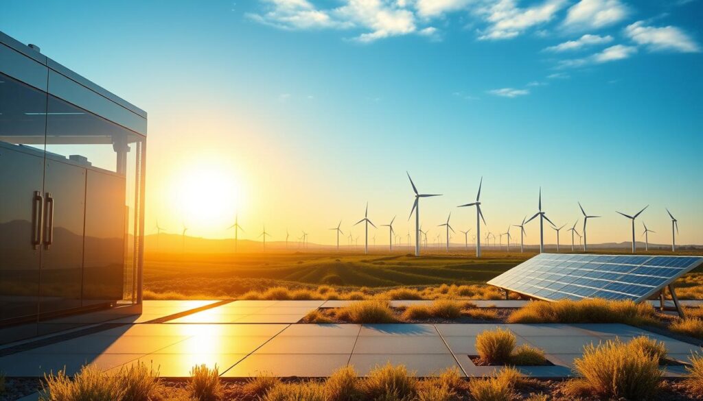 A futuristic digital landscape representing the energy storage market forecasts. In the foreground, a sleek, modern battery storage facility, designed with transparent elements showcasing energy flow. The middle ground features a dynamic graph visualizing upward trends, highlighting projections for market growth. In the background, a skyline of renewable energy sources, such as wind turbines and solar panels, illuminated by a warm, golden sunrise casting long shadows, symbolizing hope and innovation in the industry. The lighting is bright and optimistic, with a clear blue sky, evoking a sense of progress and sustainability. The image should maintain a professional, clean aesthetic, devoid of any text or distractions, ideal for an editorial context. A futuristic digital landscape representing the energy storage market forecasts. In the foreground, a sleek, modern battery storage facility, designed with transparent elements showcasing energy flow. The middle ground features a dynamic graph visualizing upward trends, highlighting projections for market growth. In the background, a skyline of renewable energy sources, such as wind turbines and solar panels, illuminated by a warm, golden sunrise casting long shadows, symbolizing hope and innovation in the industry. The lighting is bright and optimistic, with a clear blue sky, evoking a sense of progress and sustainability. The image should maintain a professional, clean aesthetic, devoid of any text or distractions, ideal for an editorial context.