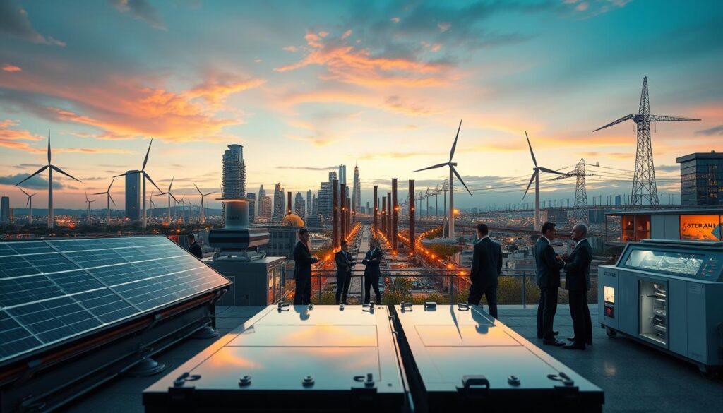 A futuristic urban landscape showcasing a vibrant energy storage innovation ecosystem. In the foreground, sleek battery technologies and solar panels are prominently displayed, with representatives in professional business attire engaged in discussions. The middle ground features cutting-edge startups with high-tech laboratories and research facilities, displaying prototypes and interactive displays. The background reveals a skyline with wind turbines and a smart grid interconnecting energy sources, enhanced by dynamic lighting from dusk, casting a warm, inviting glow. A panoramic view captured from a low angle emphasizes the scale of innovation, creating an atmosphere of collaboration and forward-thinking. The image embodies a sense of optimism and progress in sustainable energy solutions. A futuristic urban landscape showcasing a vibrant energy storage innovation ecosystem. In the foreground, sleek battery technologies and solar panels are prominently displayed, with representatives in professional business attire engaged in discussions. The middle ground features cutting-edge startups with high-tech laboratories and research facilities, displaying prototypes and interactive displays. The background reveals a skyline with wind turbines and a smart grid interconnecting energy sources, enhanced by dynamic lighting from dusk, casting a warm, inviting glow. A panoramic view captured from a low angle emphasizes the scale of innovation, creating an atmosphere of collaboration and forward-thinking. The image embodies a sense of optimism and progress in sustainable energy solutions.