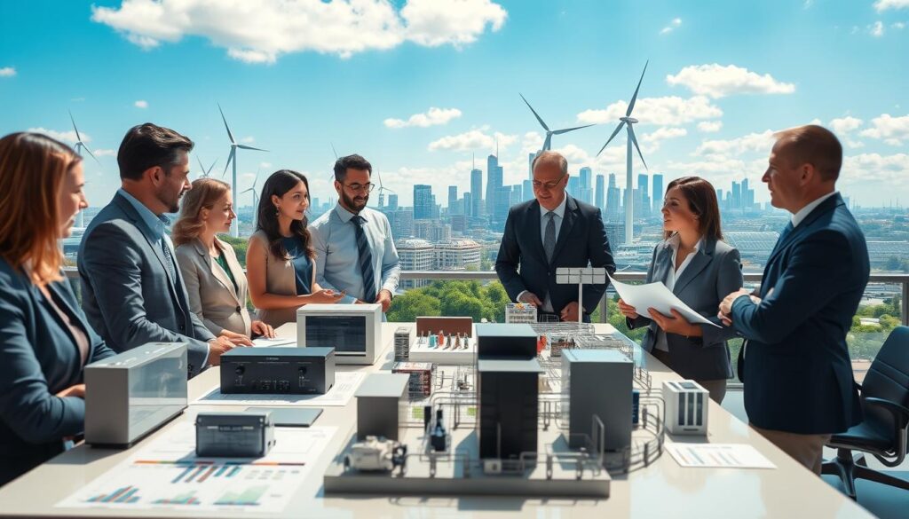 A visually engaging scene illustrating the impact of energy storage policy adoption. In the foreground, a diverse group of professionals in business attire discuss around a sleek, modern table filled with charts and models of energy storage systems. In the middle ground, various energy storage solutions, such as lithium-ion batteries and pumped hydro systems, are showcased with informative labels. The background features a city skyline powered by renewable energy sources like wind turbines and solar panels under a clear blue sky. Soft natural lighting illuminates the scene, creating an optimistic and collaborative atmosphere, while a slight depth of field focuses on the professionals, enhancing the sense of urgency and importance of policy discussion in energy innovation.