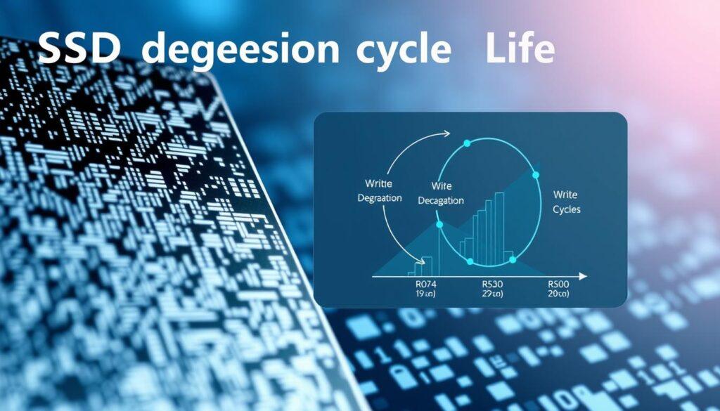 A visually striking illustration of an SSD degradation cycle life, presented in an educational and technical graphic style. In the foreground, a high-resolution image of a digital SSD drive, intricately detailed with visible circuit patterns, depicting elements such as wear levels and performance metrics. The middle layer features a stylized cycle diagram, showcasing various stages of degradation, including write and read cycles, with clear visual indicators of performance loss over time. The background is softly blurred with a subtle abstract representation of data flow and binary codes to evoke a sense of technological depth. The mood is informative yet engaging, with cool blue and silver tones dominating the color palette, complemented by soft lighting that highlights the details of the SSD and diagram. The angle is slightly tilted to add dynamic interest to the composition. A visually striking illustration of an SSD degradation cycle life, presented in an educational and technical graphic style. In the foreground, a high-resolution image of a digital SSD drive, intricately detailed with visible circuit patterns, depicting elements such as wear levels and performance metrics. The middle layer features a stylized cycle diagram, showcasing various stages of degradation, including write and read cycles, with clear visual indicators of performance loss over time. The background is softly blurred with a subtle abstract representation of data flow and binary codes to evoke a sense of technological depth. The mood is informative yet engaging, with cool blue and silver tones dominating the color palette, complemented by soft lighting that highlights the details of the SSD and diagram. The angle is slightly tilted to add dynamic interest to the composition.