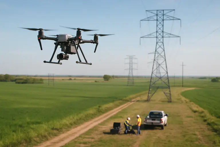Drone inspecting transmission lines above dry vegetation