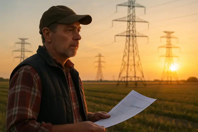 High-voltage transmission towers crossing farmland near renewable energy sites