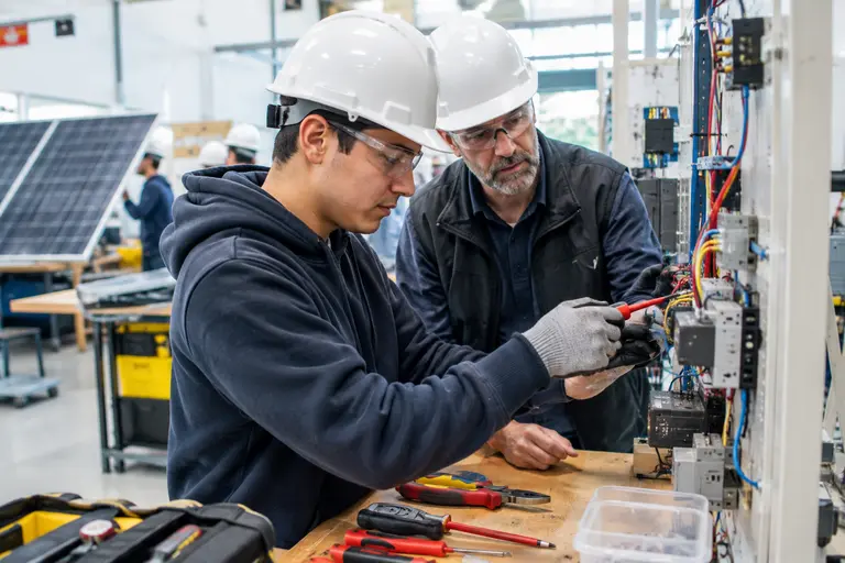 Apprentice electrician working with supervised electrical equipment