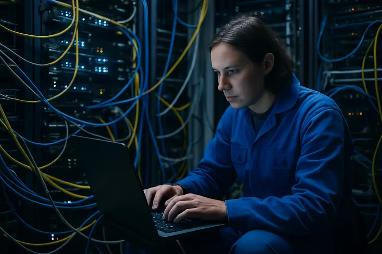 Rows of data center equipment connected to power distribution infrastructure