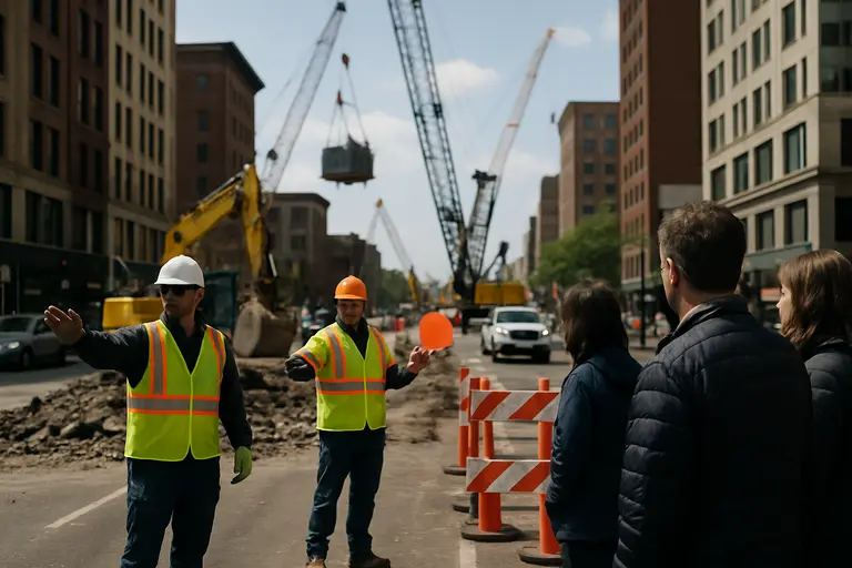 Utility planners reviewing maps near a substation and power lines